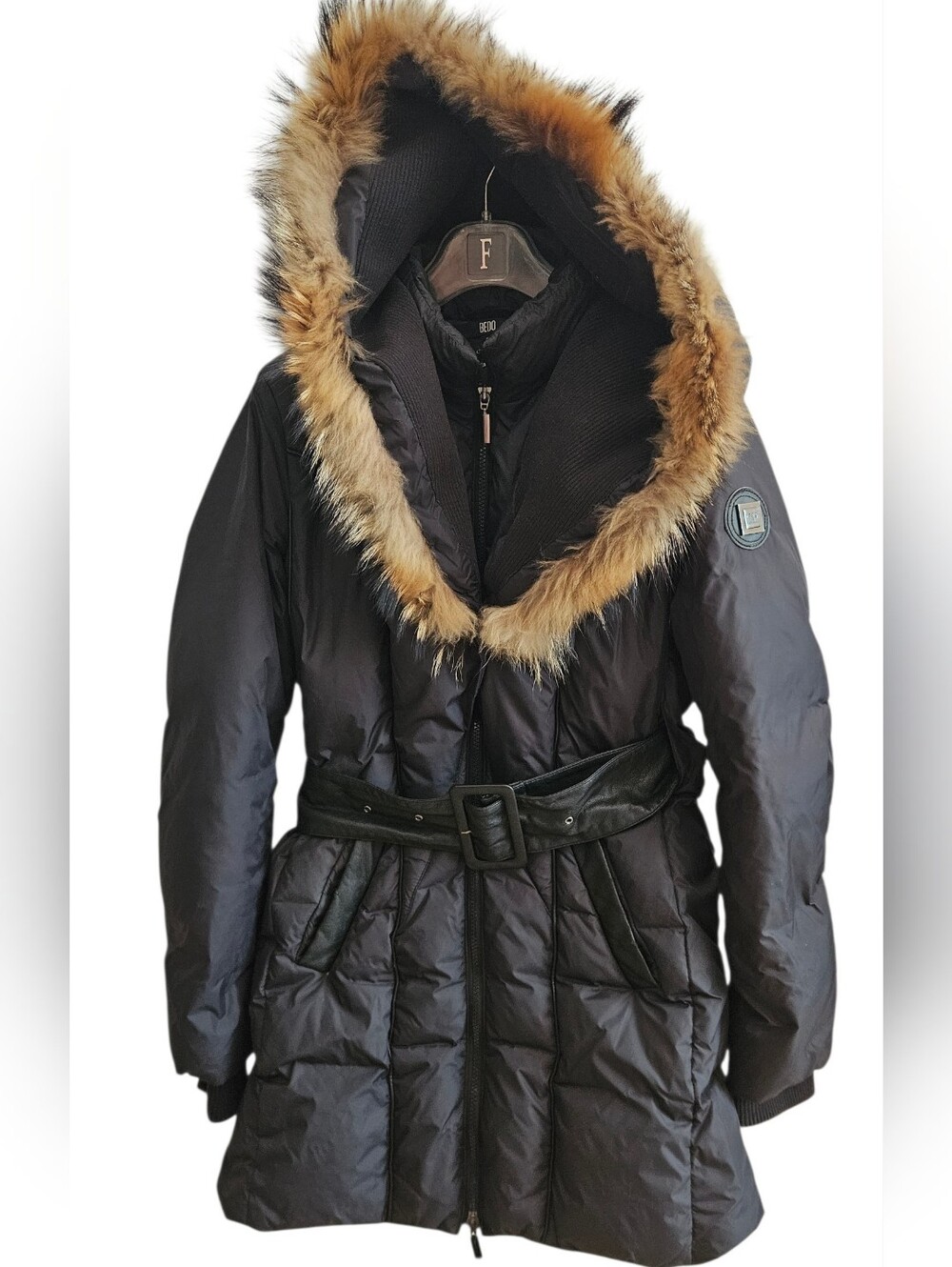 BEDO sz S fur Trip Hood Coat Belted Down Winter Jacket
